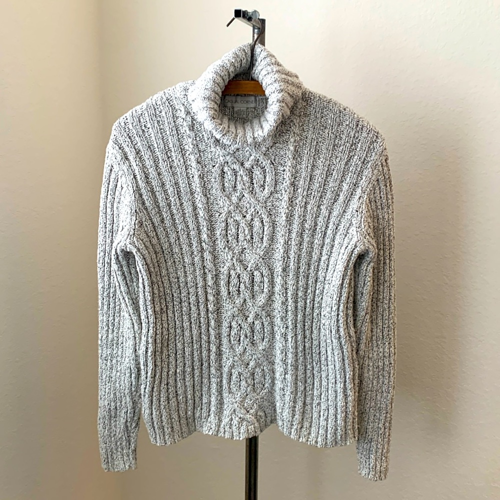 Vintage 1990s white black chunky fisherman turtleneck sz L EUC cabin cottage